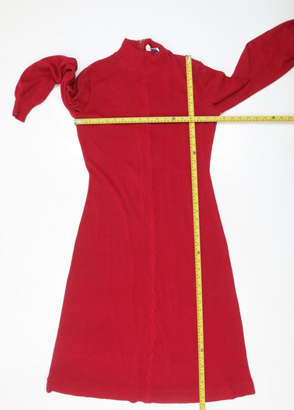 Tricoville Women Red Wool Knit High Neck Long Sleeve Shift Dress UK 12