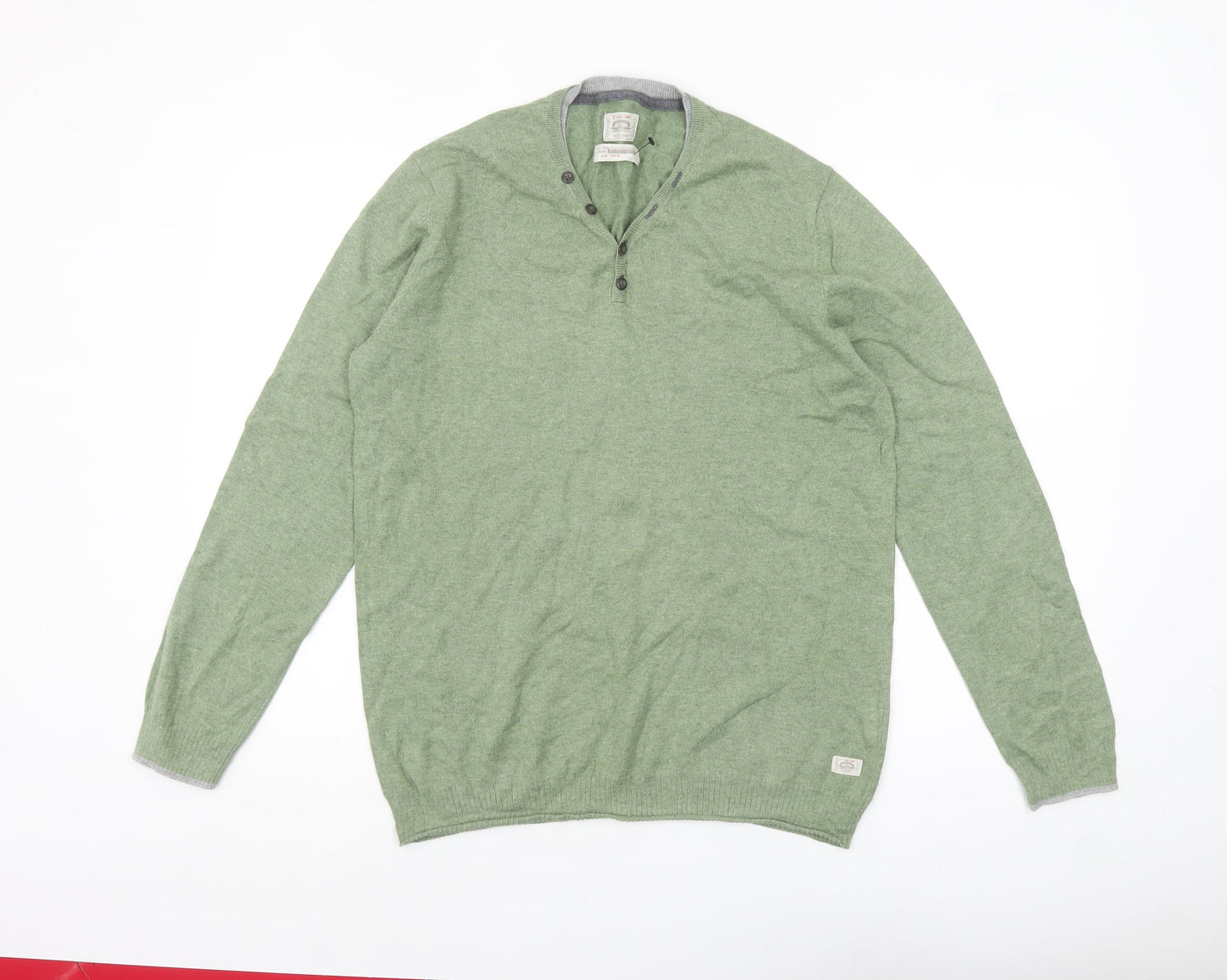 White Stuff Men Green Large Henley Jumper Cotton Cashmere Knit