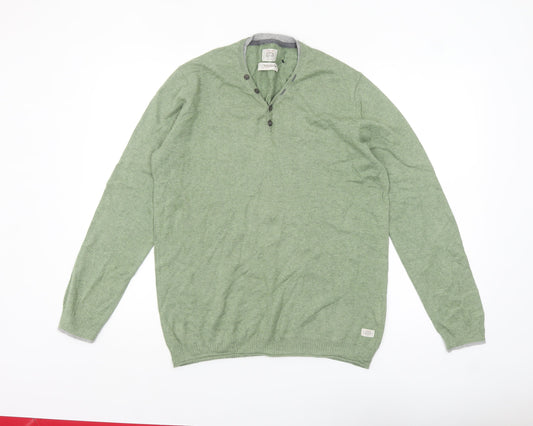 White Stuff Men Green Large Henley Jumper Cotton Cashmere Knit
