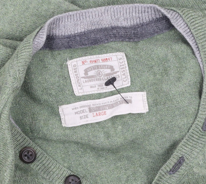 White Stuff Men Green Large Henley Jumper Cotton Cashmere Knit