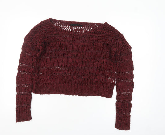 Crafted Womens Red Open-Knit Long Sleeve Pullover Jumper Size 8