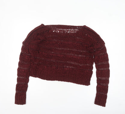 Crafted Womens Red Open-Knit Long Sleeve Pullover Jumper Size 8