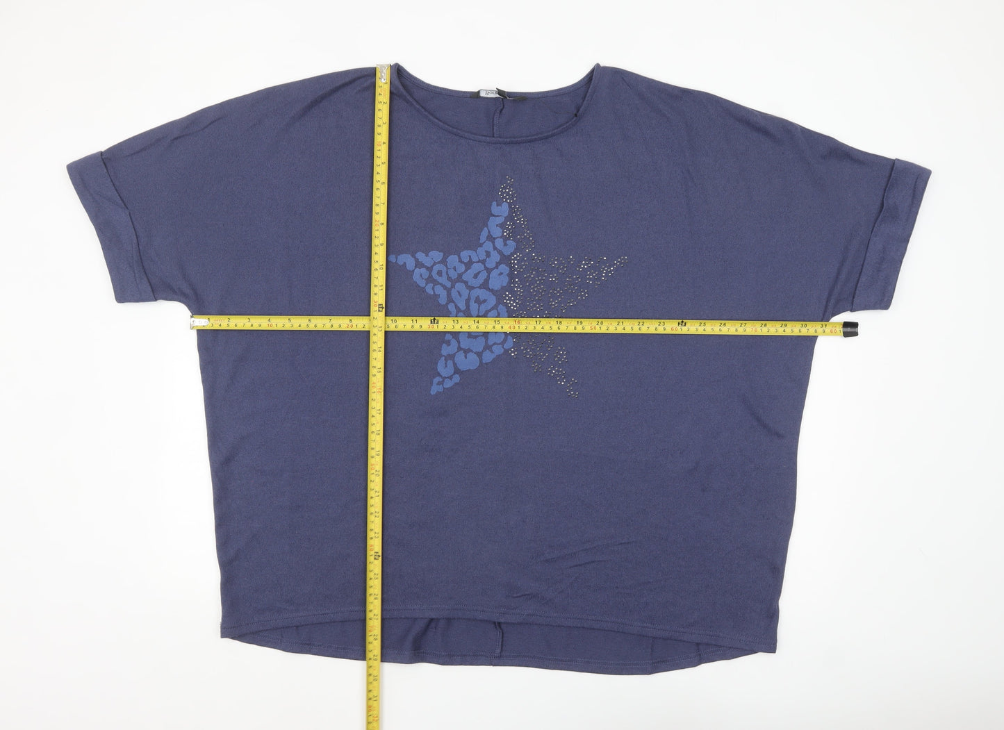 Bonmarché Women Blue Star Rhinestone Relaxed Fit T-Shirt Size 22