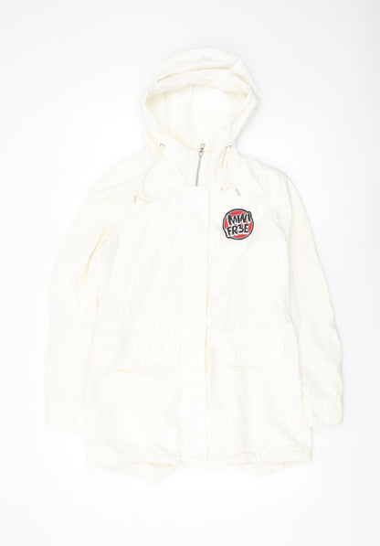 Yishion Women White Graphic Hooded Parka Jacket Size 10 Regular Fit