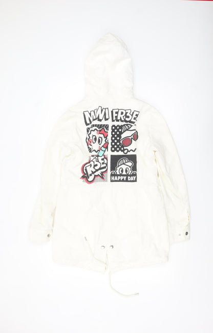 Yishion Women White Graphic Hooded Parka Jacket Size 10 Regular Fit