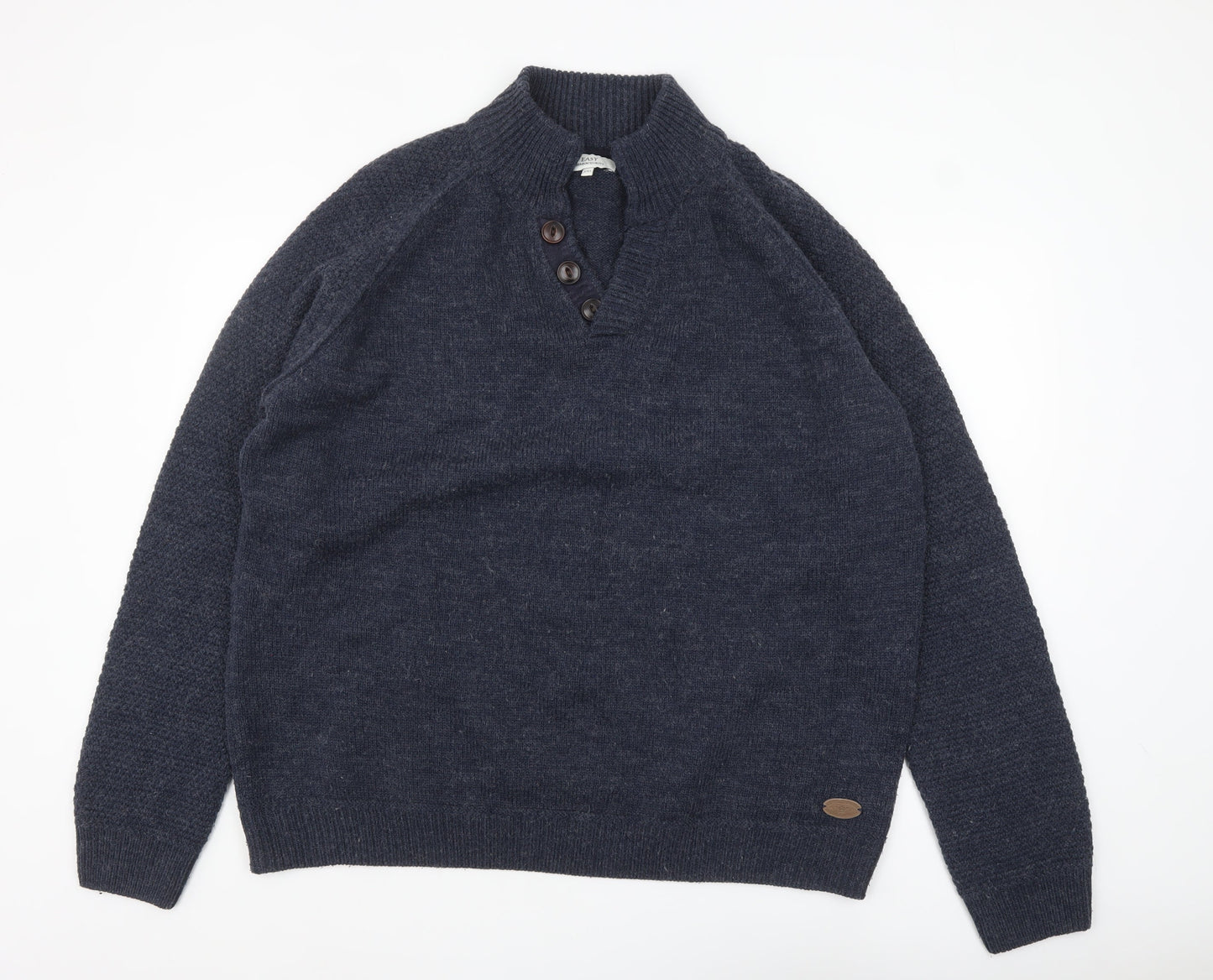 EASY Men’s Blue 2XL Henley Knit Jumper Wool Blend Warm Winter Pullover