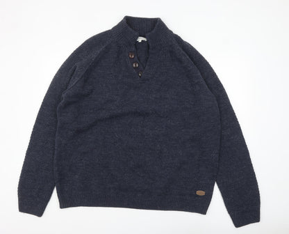 EASY Men’s Blue 2XL Henley Knit Jumper Wool Blend Warm Winter Pullover