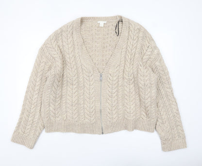 H&M Women Beige Cable-Knit Full Zip Wool Blend Cardigan Size L