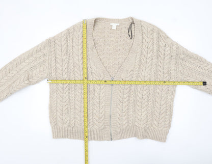 H&M Women Beige Cable-Knit Full Zip Wool Blend Cardigan Size L