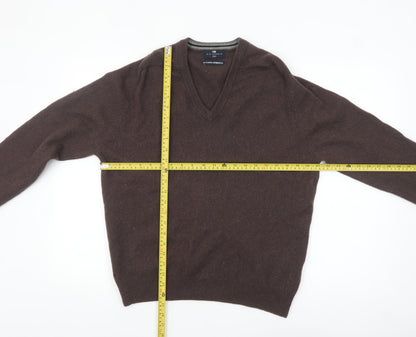 Marks and Spencer Men's Brown Wool V-Neck Jumper Medium