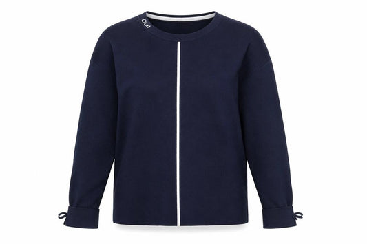 Front view of Oui women’s navy blue cotton blend long sleeve jumper, size UK 10