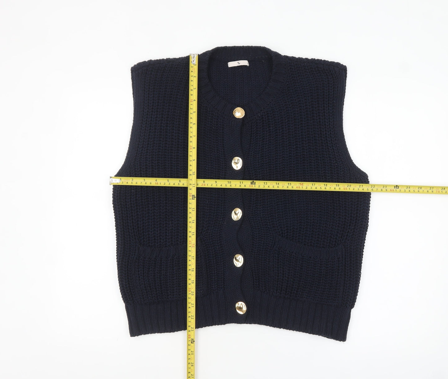 Tu Women's Navy Knitted Button Vest Cardigan Size 12 Cotton Blend