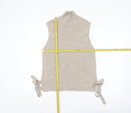 Lipsy London Women Beige Sleeveless Mock Neck Knit Tie Side Vest Jumper Size 10