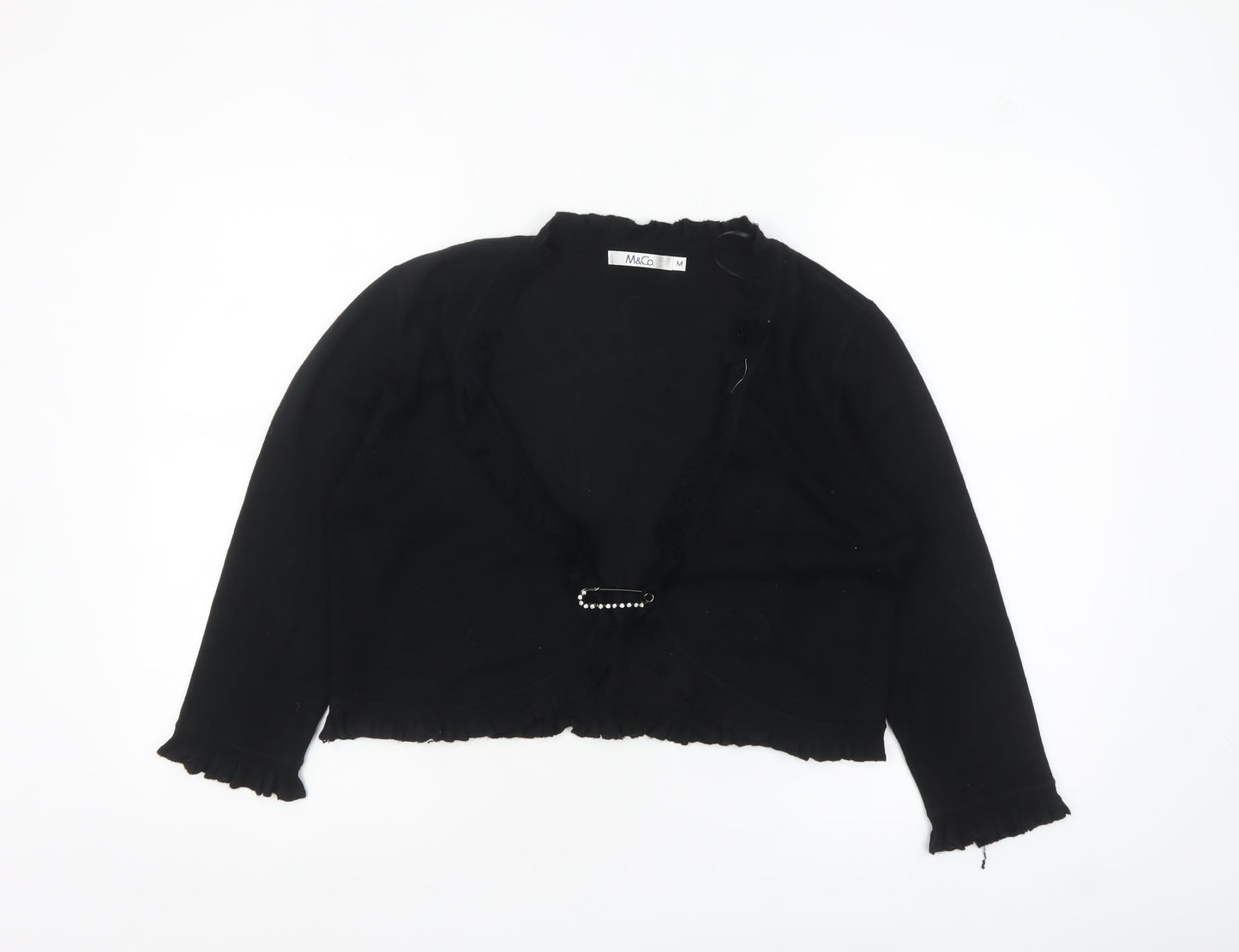 M&Co Women’s Black Ruffle Trim Cardigan Size M Long Sleeve