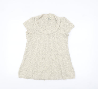Oasis Women Beige Chunky Knit Cowl Neck Short Sleeve Jumper L