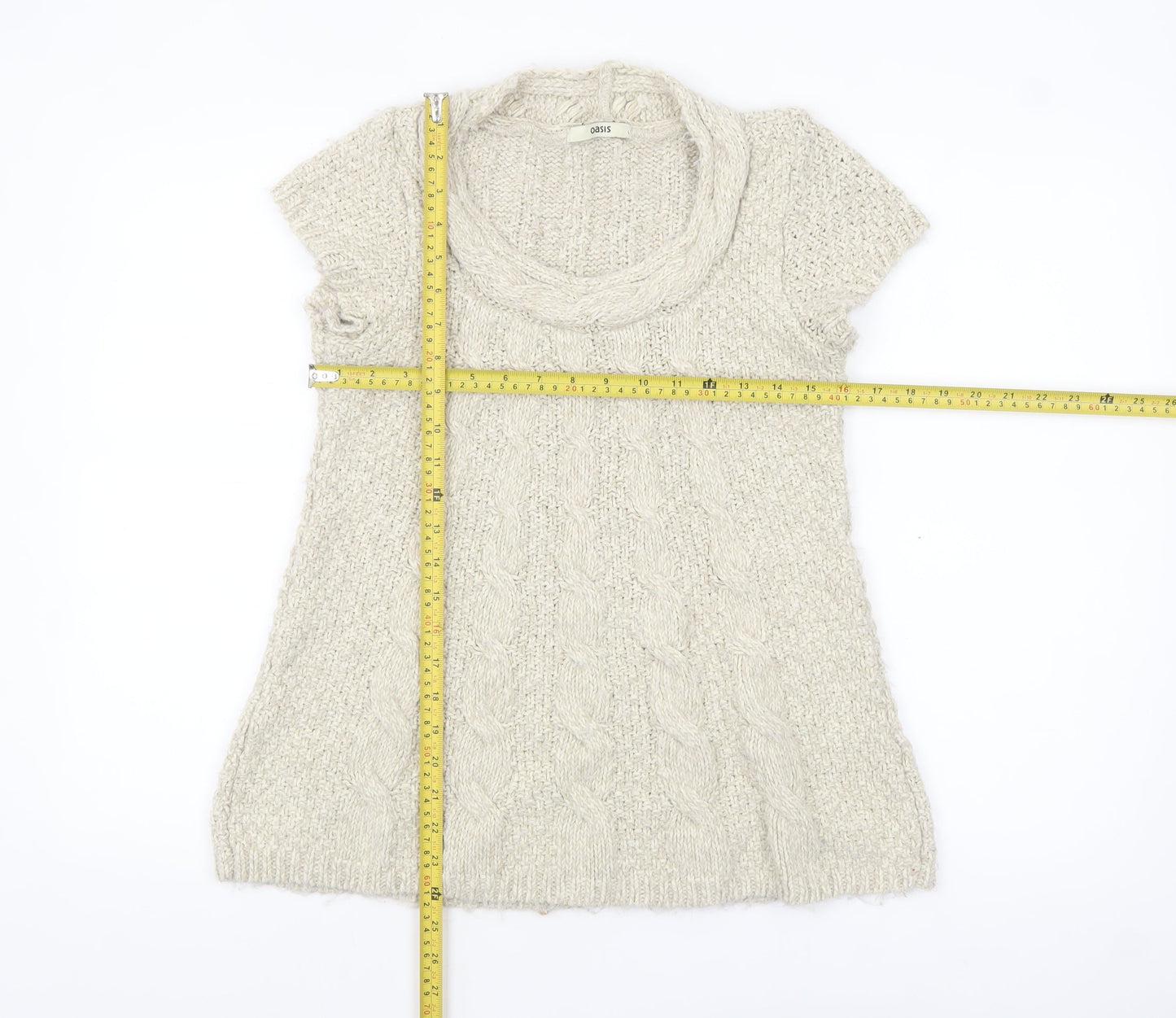 Oasis Women Beige Chunky Knit Cowl Neck Short Sleeve Jumper L
