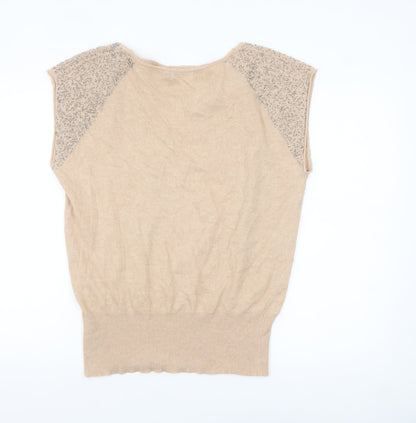 Mint Velvet Womens Beige Beaded Cap Sleeve Pullover Jumper Size 14