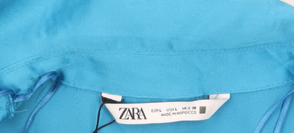 ZARA Women Blue Collared Satin Wrap Short Dress Size 16