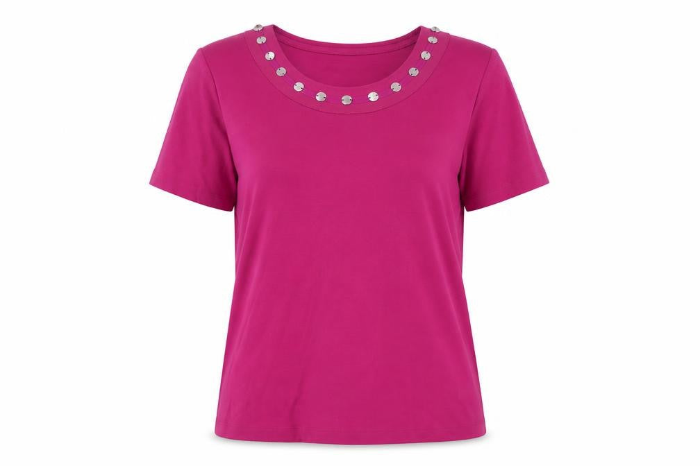 CC Women Pink Beaded Scoop Neck Cotton T-Shirt Size L