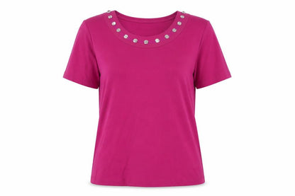 CC Women Pink Beaded Scoop Neck Cotton T-Shirt Size L