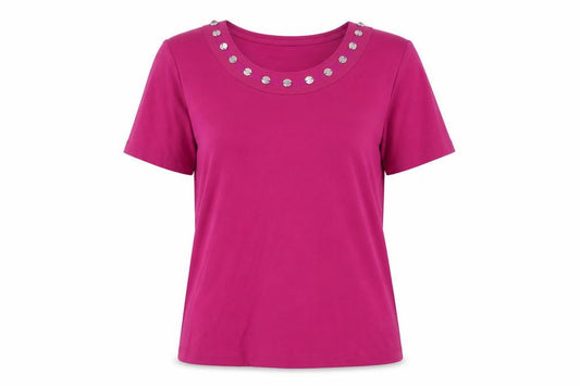 CC Women Pink Beaded Scoop Neck Cotton T-Shirt Size L