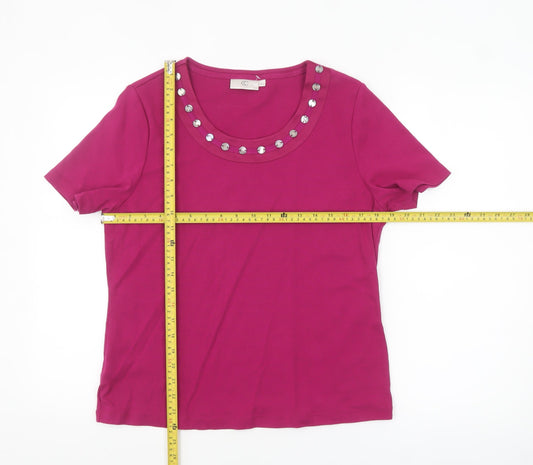 CC Women Pink Beaded Scoop Neck Cotton T-Shirt Size L