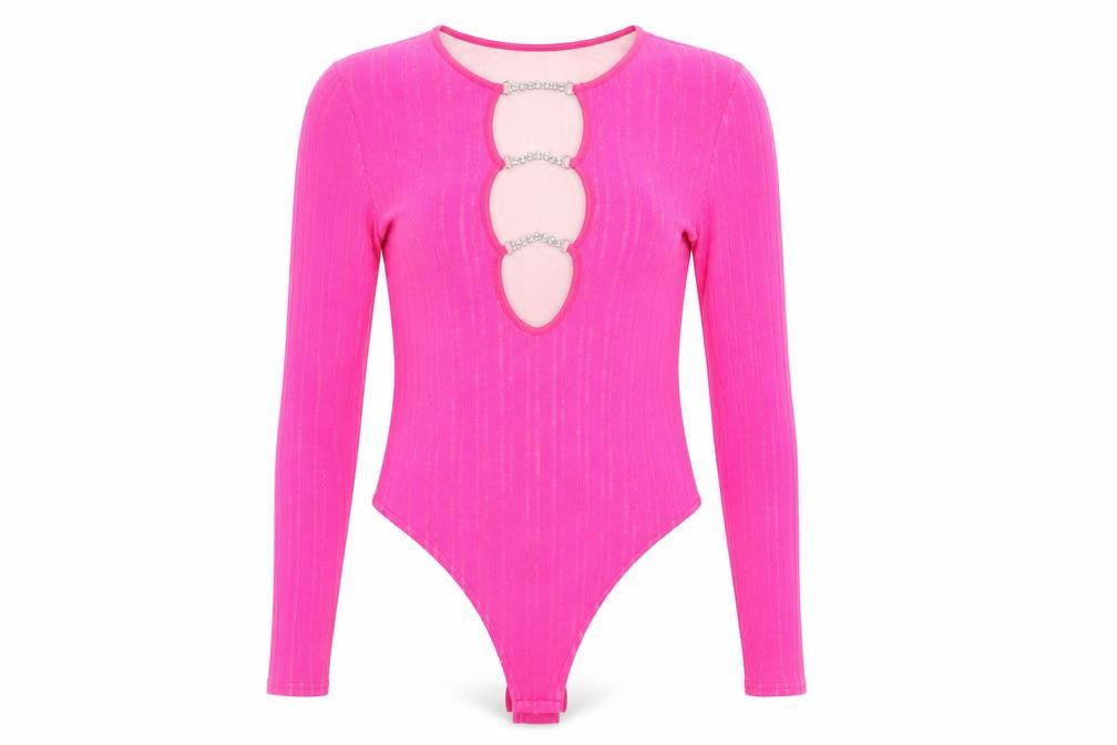 PrettyLittleThing Women’s Pink Long Sleeve Cut-Out Bodysuit UK 12