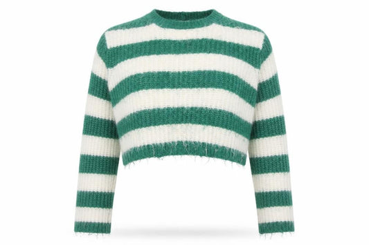 Bershka Women Green White Striped Chunky Knit Cropped Jumper Size 12