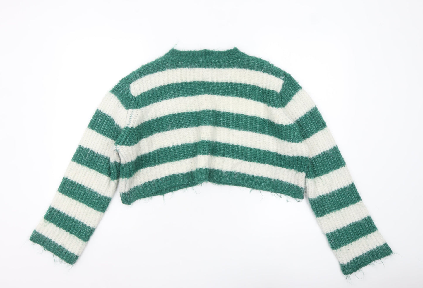 Bershka Women Green White Striped Chunky Knit Cropped Jumper Size 12