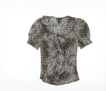 New Look Women's Brown Leopard Print Ruffle Wrap Blouse Size 6