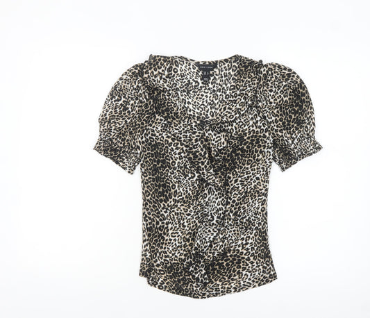 New Look Women's Brown Leopard Print Ruffle Wrap Blouse Size 6
