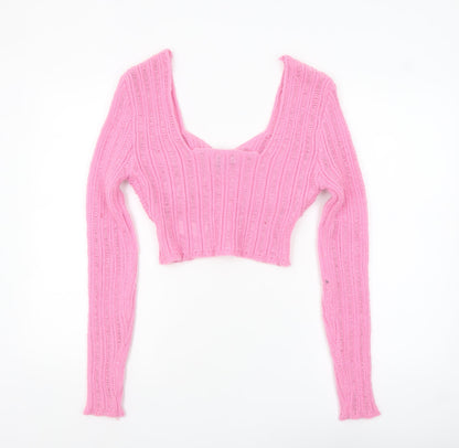 Nasty Gal Womens Pink V-Neck Long Sleeve Knit Cropped Jumper M