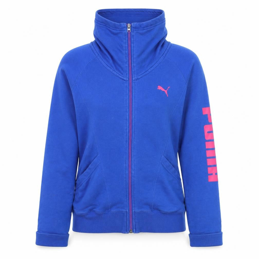 Front view of Puma women’s blue full zip hoodie, size UK 8, logo print sleeve casual
