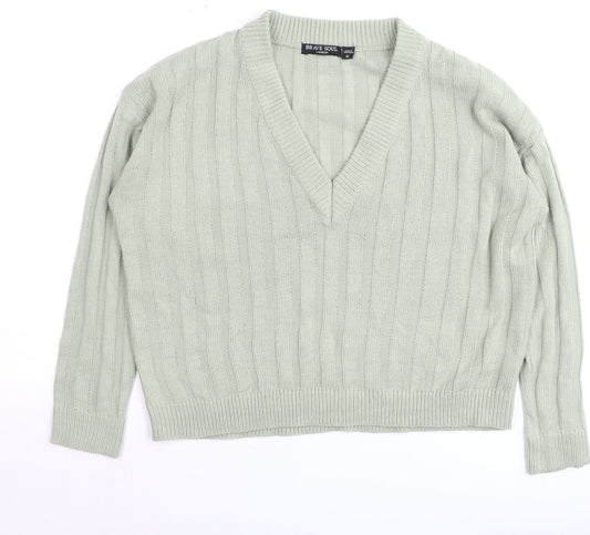Brave Soul Women’s Green V-Neck Ribbed Knit Jumper Size 12