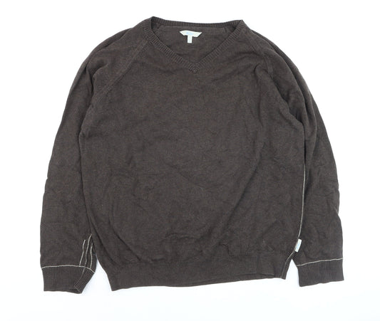 Fishbone Men Brown Cotton V-Neck Pullover Jumper Size L