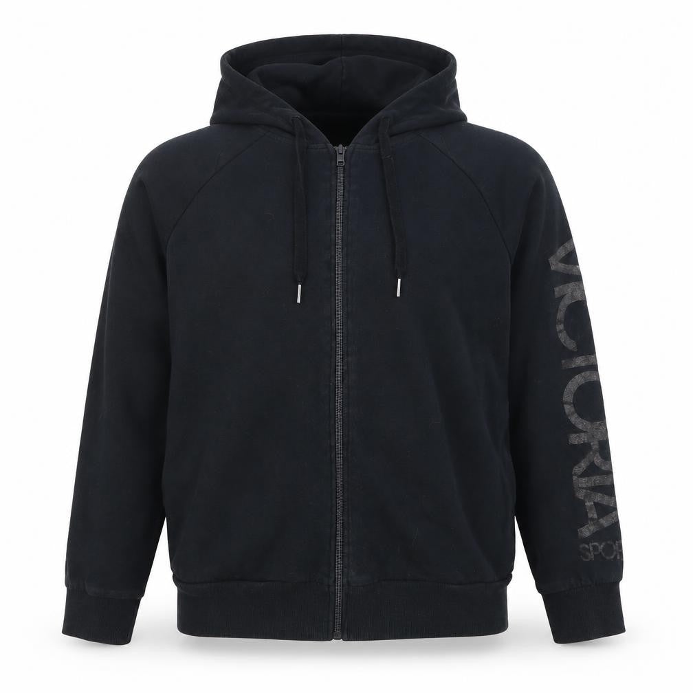 Front view of Victoria Sport unisex black full zip hoodie s regular fit