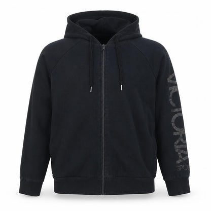 Front view of Victoria Sport unisex black full zip hoodie s regular fit