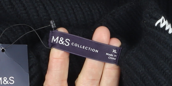 Marks and Spencer Women's Black Ribbed Mock Neck Long Sleeve Jumper XL
