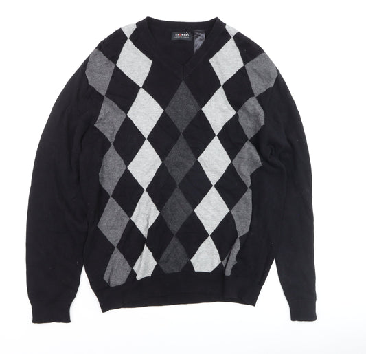 Axcess Men's Black Argyle V-Neck Cotton Pullover Jumper M
