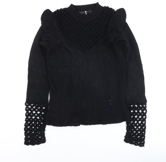 Very Women's Black Ruffle Crochet Knit Jumper Size 8