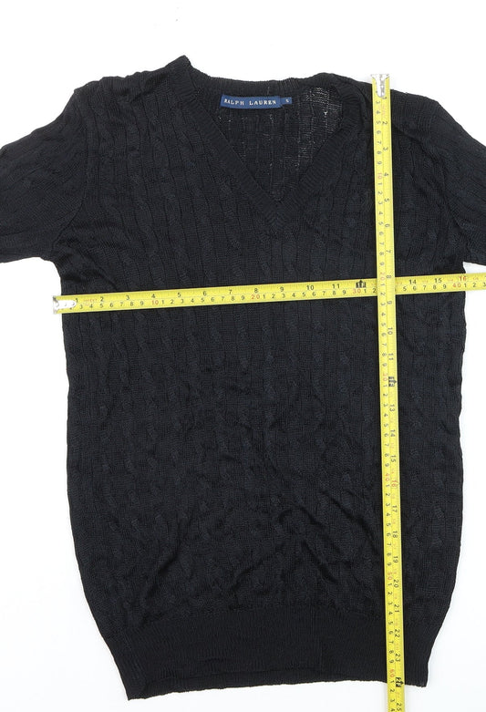 Ralph Lauren Women's Black V-Neck Cable-Knit Jumper Size S