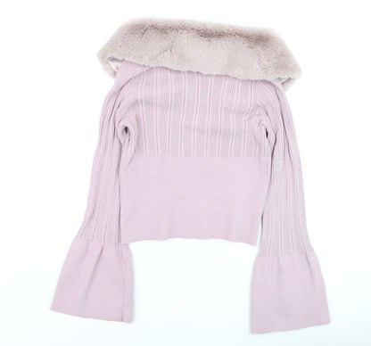 ASOS Women Pink Faux Fur Collar Zip Knit Jumper Size 10