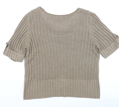 Marks and Spencer Women Beige Cotton Cable-Knit Short Sleeve Jumper Size 16