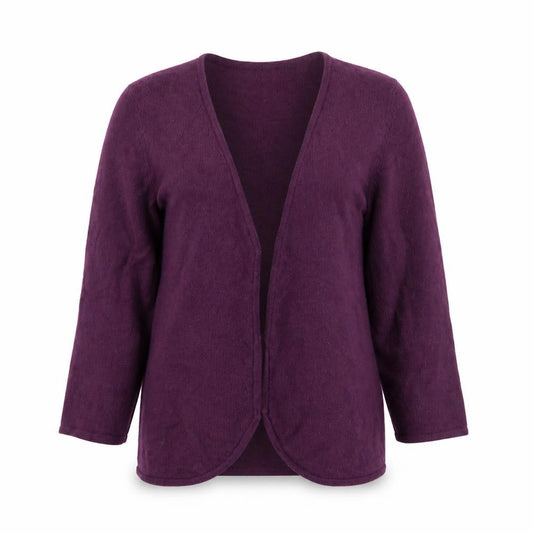 Front view of Kaliko women’s purple wool angora 3/4 sleeve v-neck cardigan, size UK 12