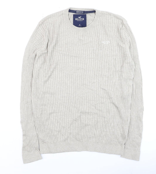 Hollister Men’s Beige Muscle Fit Ribbed Knit Cotton Jumper Size M