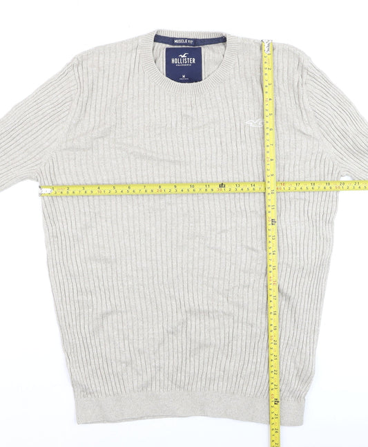 Hollister Men’s Beige Muscle Fit Ribbed Knit Cotton Jumper Size M