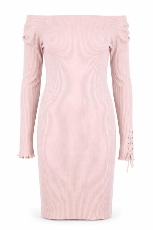 Front view of ASOS Women Pink Off Shoulder Rib Knit Bodycon Dress, size 10