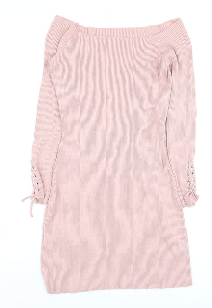 ASOS Women Pink Off Shoulder Rib Knit Bodycon Dress Size 10