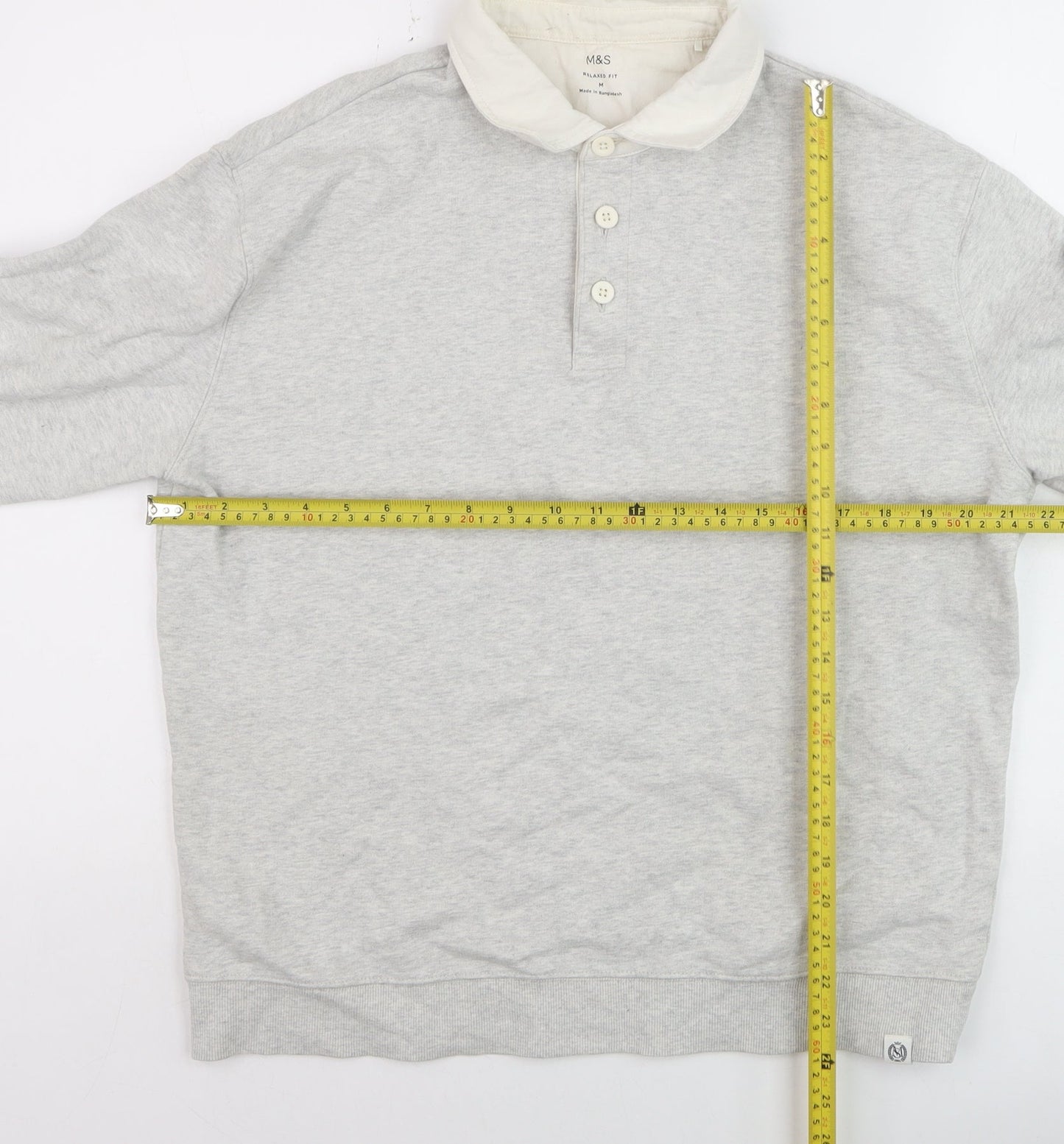 Marks and Spencer Men's Grey Long Sleeve Relaxed Fit Polo Shirt M