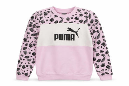 Front view of Puma girls’ pink animal print logo pullover sweatshirt 7-8 years